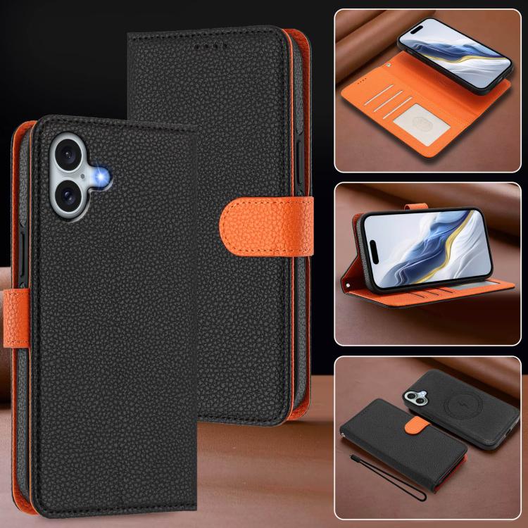 For iPhone 16 Detachable Litchi Texture Magnetic Side-Patch Vegan Leather Phone Case