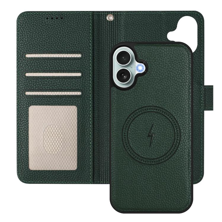 For iPhone 16 Detachable Litchi Texture Magnetic Side-Patch Vegan Leather Phone Case