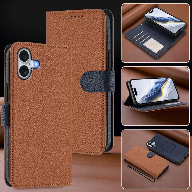 For iPhone 16 Detachable Litchi Texture Magnetic Side-Patch Vegan Leather Phone Case