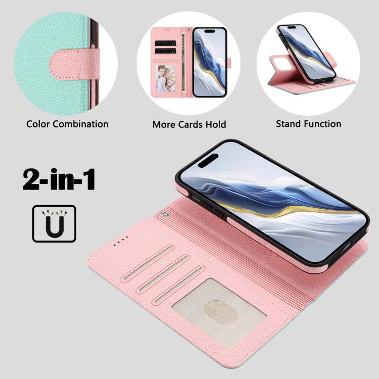 For iPhone 15 Pro Max Detachable Litchi Texture Magnetic Side-Patch Vegan Leather Phone Case