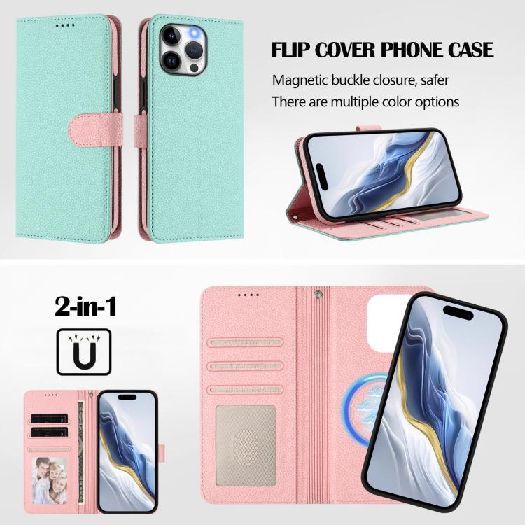 For iPhone 15 Pro Max Detachable Litchi Texture Magnetic Side-Patch Vegan Leather Phone Case