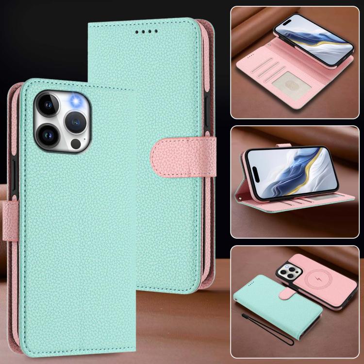 For iPhone 15 Pro Max Detachable Litchi Texture Magnetic Side-Patch Vegan Leather Phone Case
