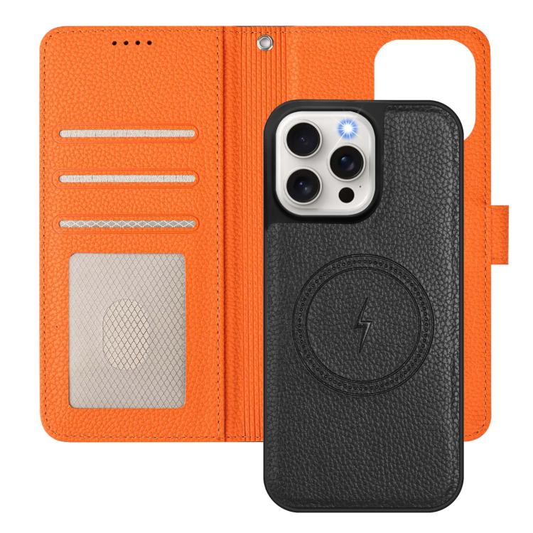 For iPhone 15 Pro Max Detachable Litchi Texture Magnetic Side-Patch Vegan Leather Phone Case