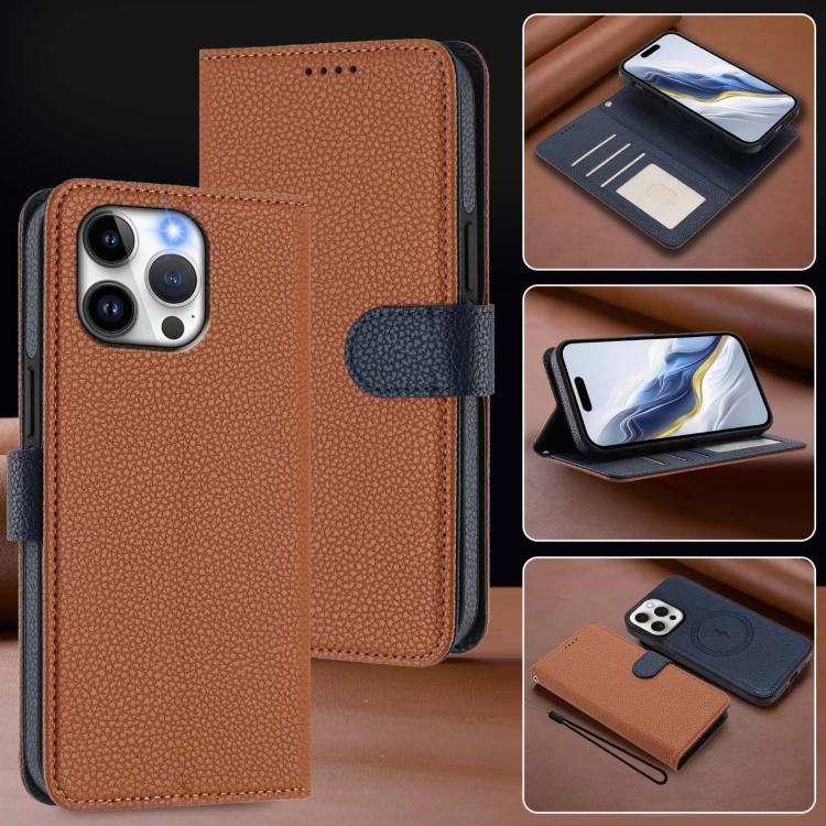 For iPhone 15 Pro Detachable Litchi Texture Magnetic Side-Patch Vegan Leather Phone Case
