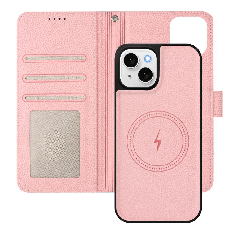 For iPhone 15 Plus Detachable Litchi Texture Magnetic Side-Patch Vegan Leather Phone Case