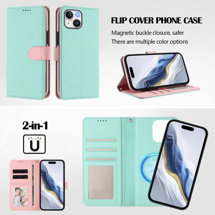 For iPhone 15 Plus Detachable Litchi Texture Magnetic Side-Patch Vegan Leather Phone Case