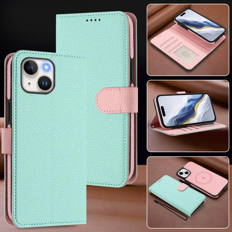 For iPhone 15 Plus Detachable Litchi Texture Magnetic Side-Patch Vegan Leather Phone Case