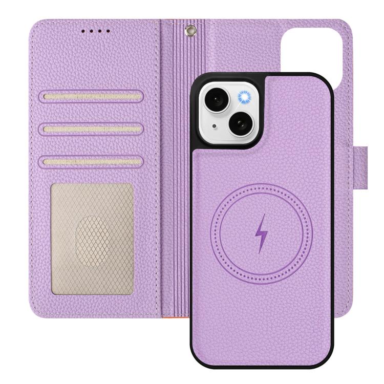 For iPhone 15 Plus Detachable Litchi Texture Magnetic Side-Patch Vegan Leather Phone Case