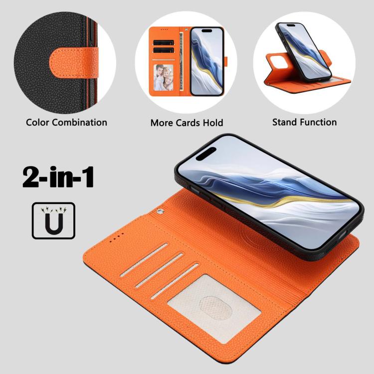 For iPhone 15 Detachable Litchi Texture Magnetic Side-Patch Vegan Leather Phone Case
