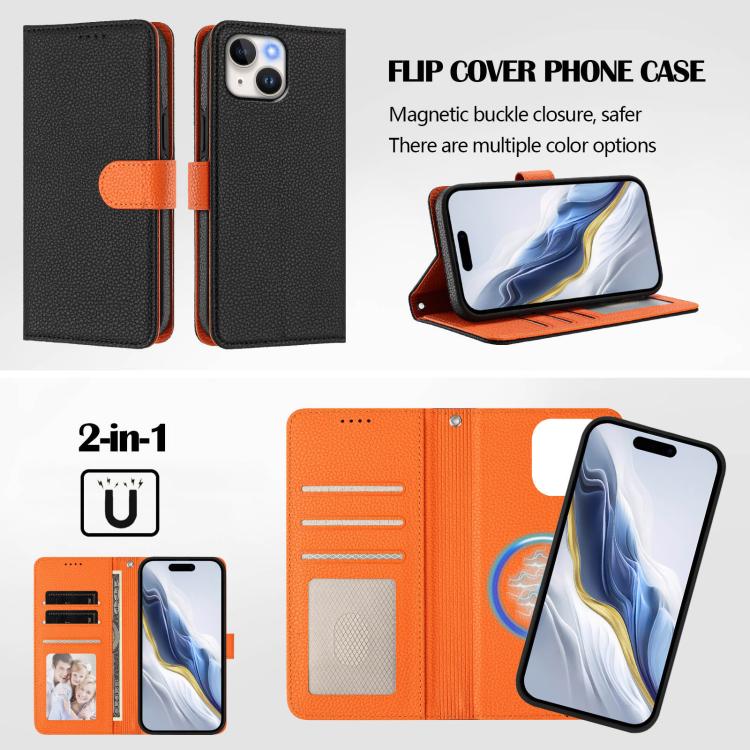 For iPhone 15 Detachable Litchi Texture Magnetic Side-Patch Vegan Leather Phone Case