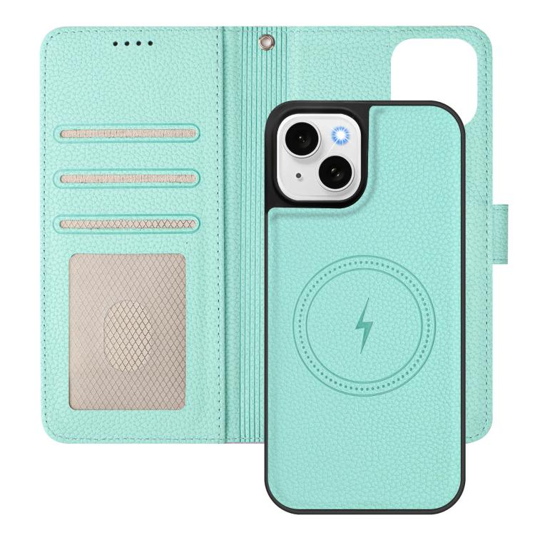 For iPhone 15 Detachable Litchi Texture Magnetic Side-Patch Vegan Leather Phone Case