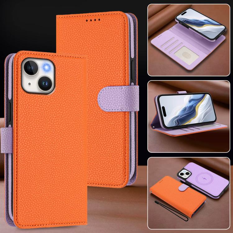 For iPhone 14 Plus Detachable Litchi Texture Magnetic Side-Patch Vegan Leather Phone Case