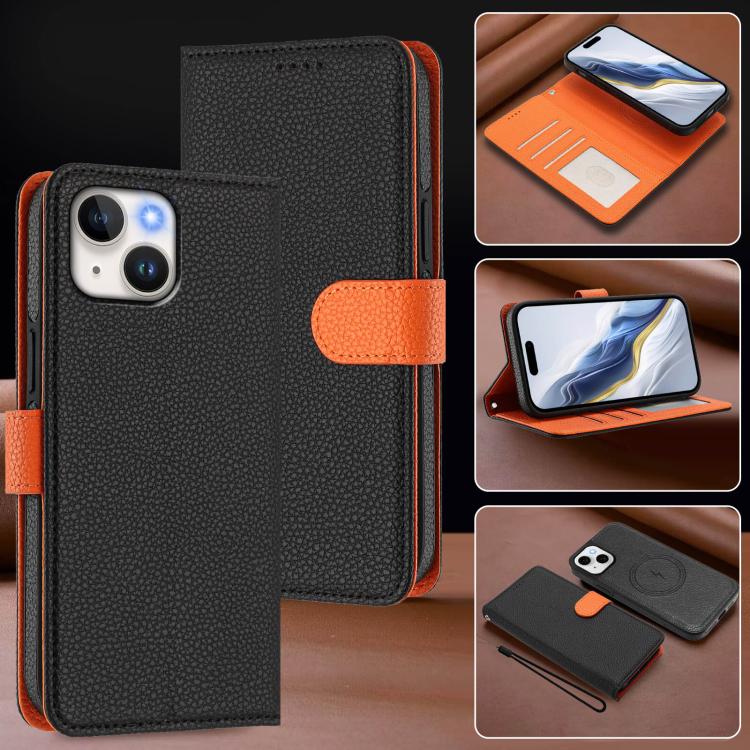 For iPhone 14 Plus Detachable Litchi Texture Magnetic Side-Patch Vegan Leather Phone Case