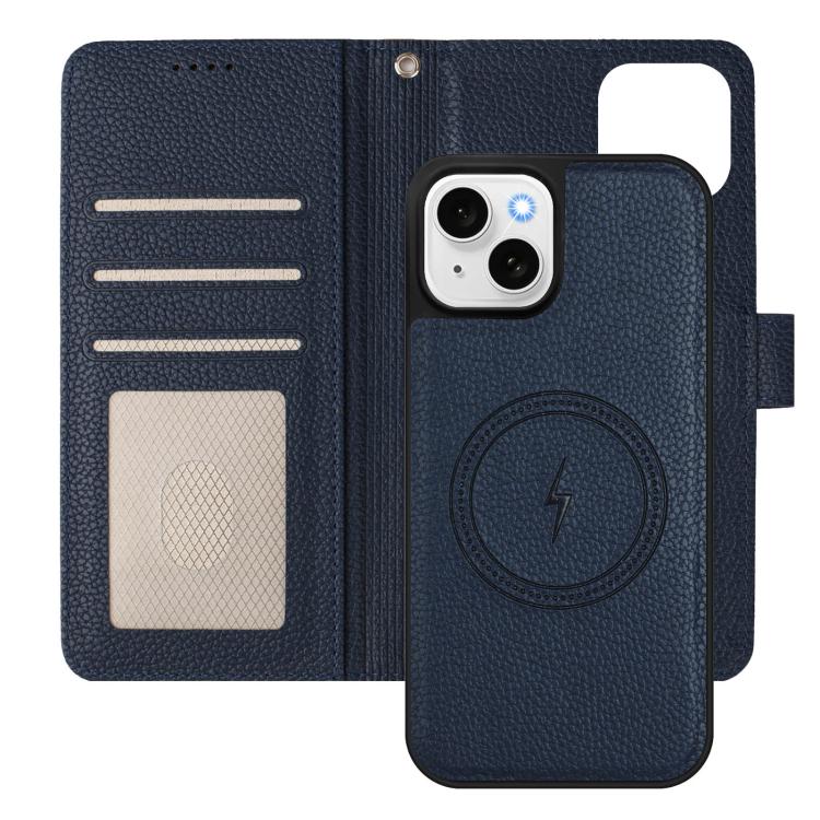 For iPhone 14 Plus Detachable Litchi Texture Magnetic Side-Patch Vegan Leather Phone Case