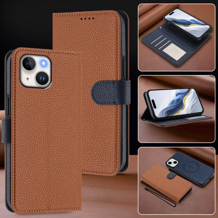 For iPhone 14 Plus Detachable Litchi Texture Magnetic Side-Patch Vegan Leather Phone Case