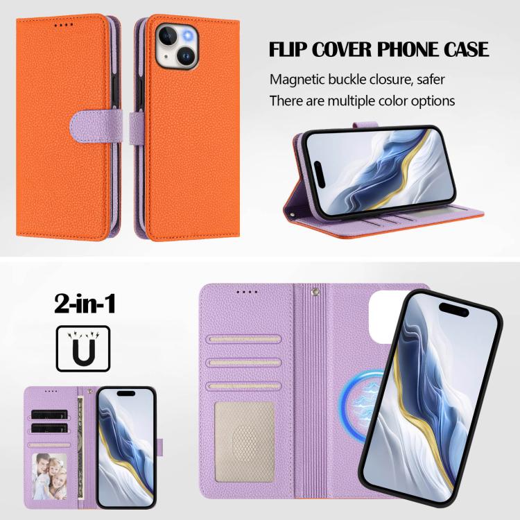 For iPhone 14 Detachable Litchi Texture Magnetic Side-Patch Vegan Leather Phone Case