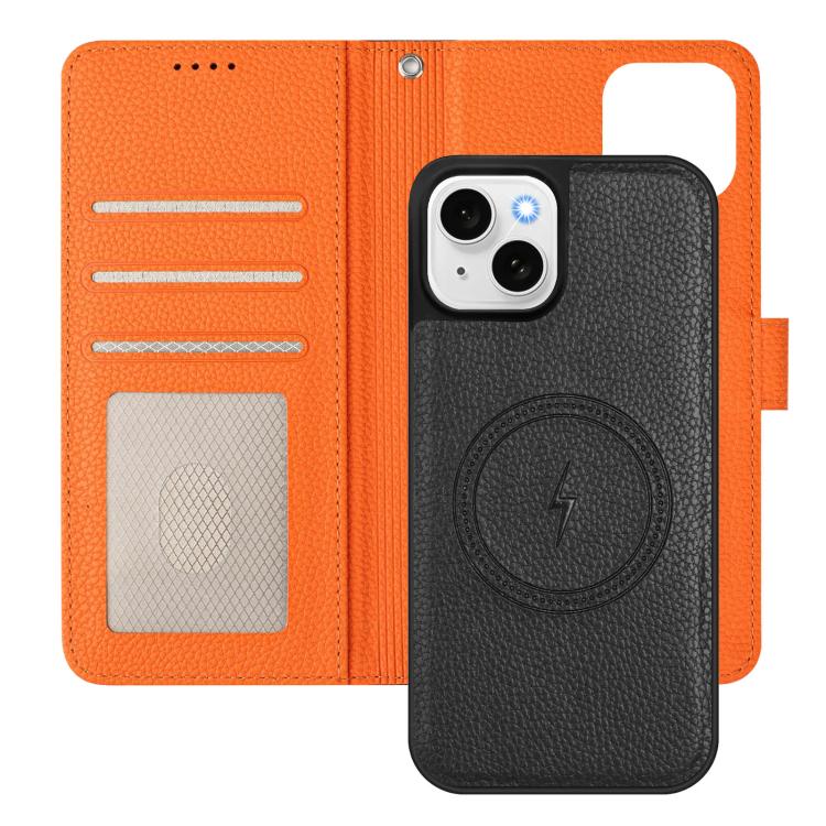 For iPhone 14 Detachable Litchi Texture Magnetic Side-Patch Vegan Leather Phone Case