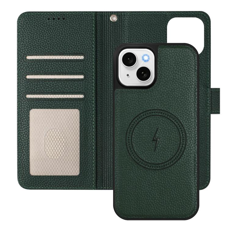For iPhone 14 Detachable Litchi Texture Magnetic Side-Patch Vegan Leather Phone Case