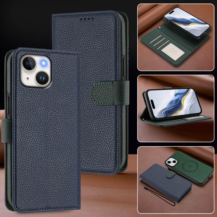 For iPhone 14 Detachable Litchi Texture Magnetic Side-Patch Vegan Leather Phone Case