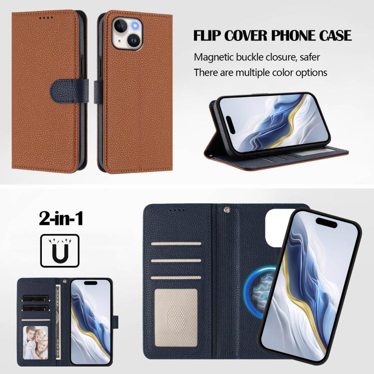 For iPhone 14 Detachable Litchi Texture Magnetic Side-Patch Vegan Leather Phone Case