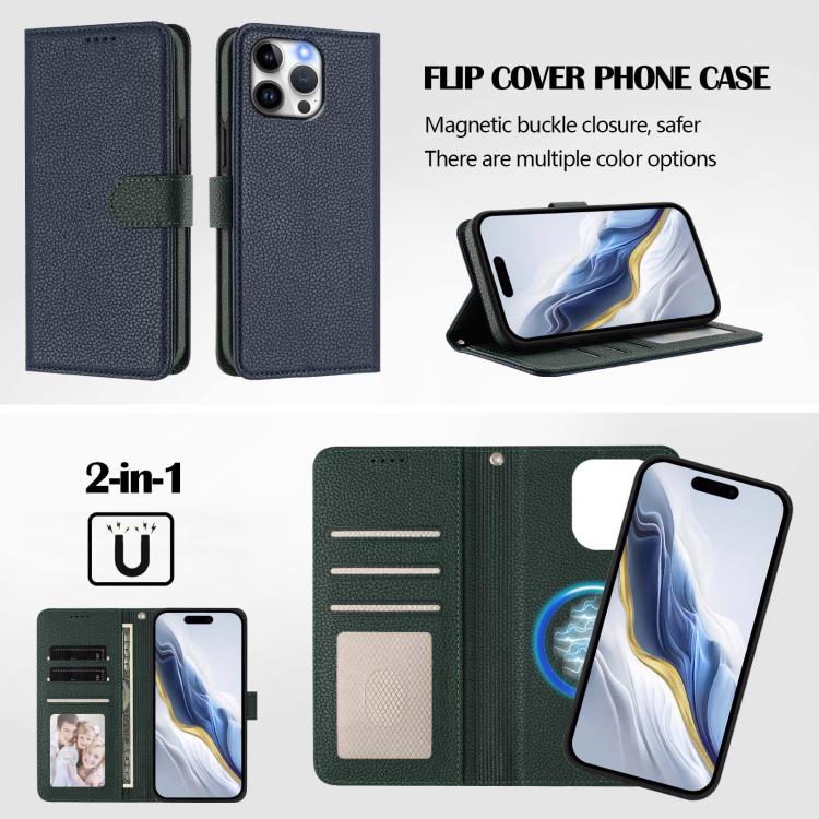 For iPhone 14 Pro Detachable Litchi Texture Magnetic Side-Patch Vegan Leather Phone Case