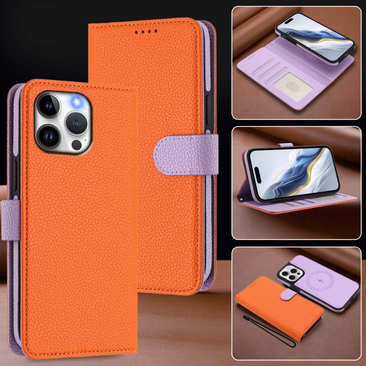 For iPhone 14 Pro Max Detachable Litchi Texture Magnetic Side-Patch Vegan Leather Phone Case