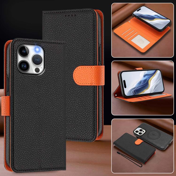 For iPhone 14 Pro Max Detachable Litchi Texture Magnetic Side-Patch Vegan Leather Phone Case