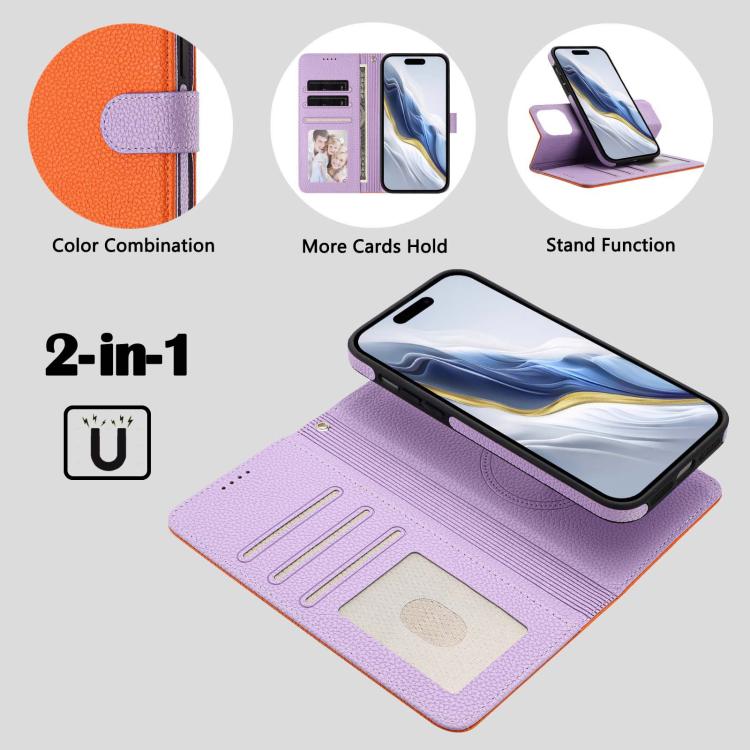 For iPhone 13 Pro Max Detachable Litchi Texture Magnetic Side-Patch Vegan Leather Phone Case