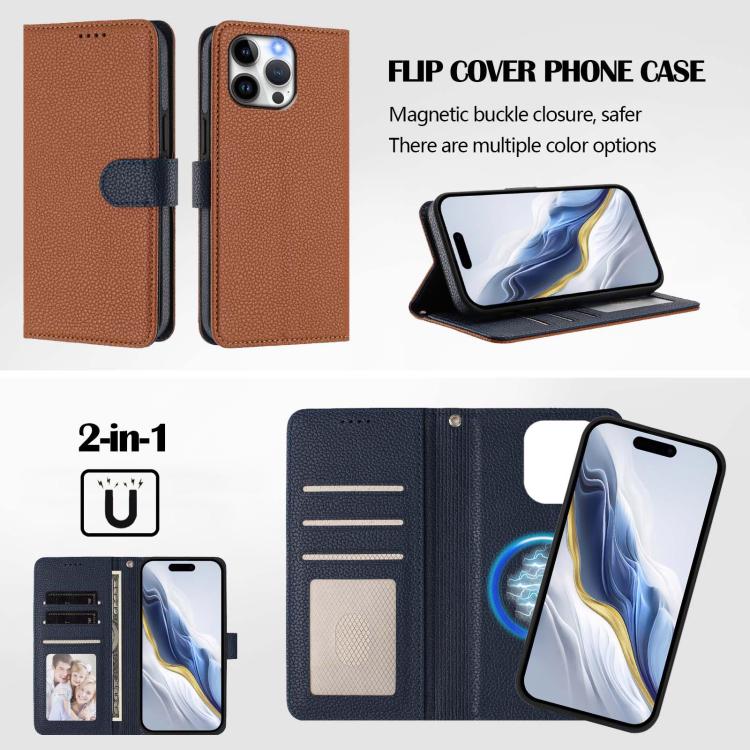 For iPhone 13 Pro Max Detachable Litchi Texture Magnetic Side-Patch Vegan Leather Phone Case