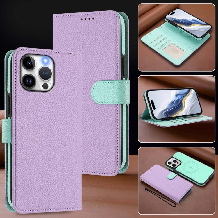 For iPhone 13 Pro Detachable Litchi Texture Magnetic Side-Patch Vegan Leather Phone Case