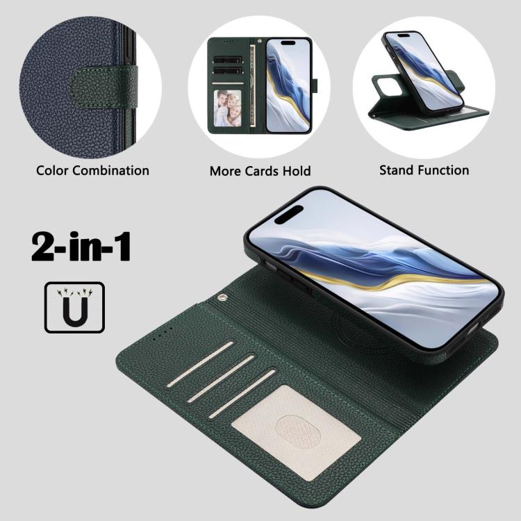 For iPhone 13 Detachable Litchi Texture Magnetic Side-Patch Vegan Leather Phone Case