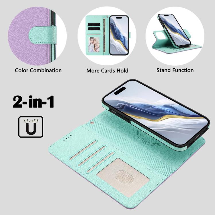 For iPhone 13 Detachable Litchi Texture Magnetic Side-Patch Vegan Leather Phone Case