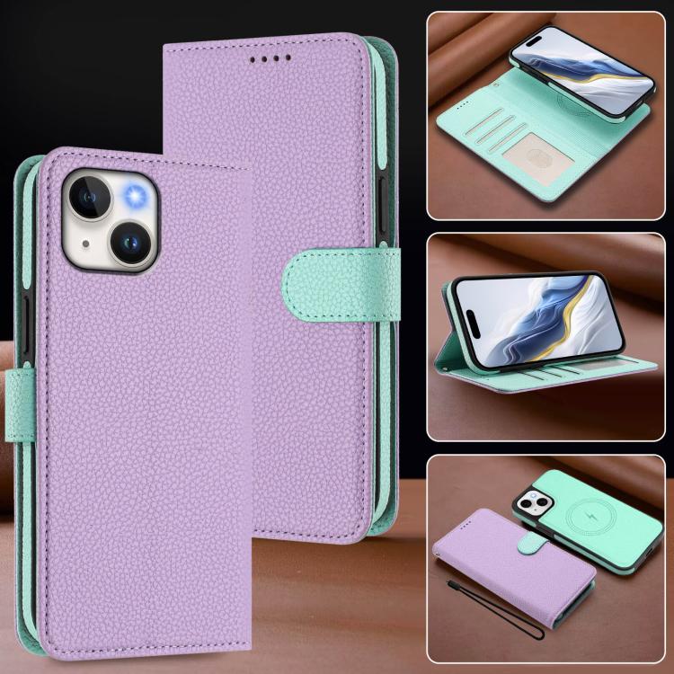 For iPhone 13 Detachable Litchi Texture Magnetic Side-Patch Vegan Leather Phone Case