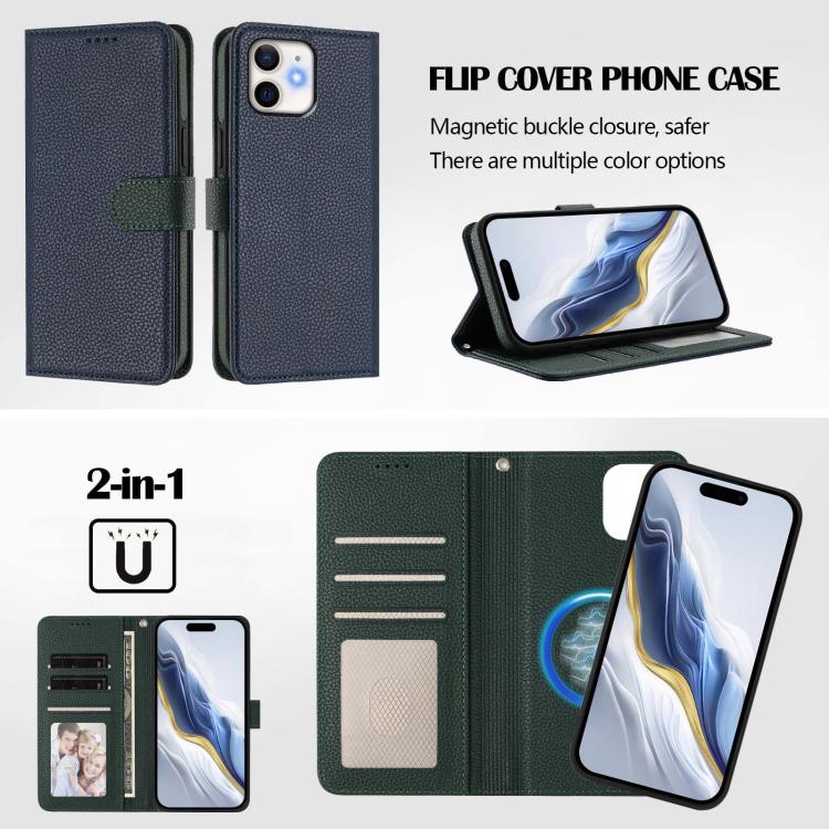 For iPhone 12 / 12 Pro Detachable Litchi Texture Magnetic Side-Patch Vegan Leather Phone Case