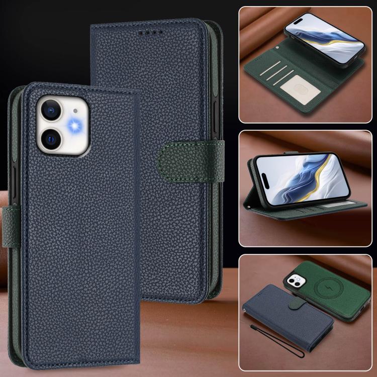 For iPhone 12 / 12 Pro Detachable Litchi Texture Magnetic Side-Patch Vegan Leather Phone Case