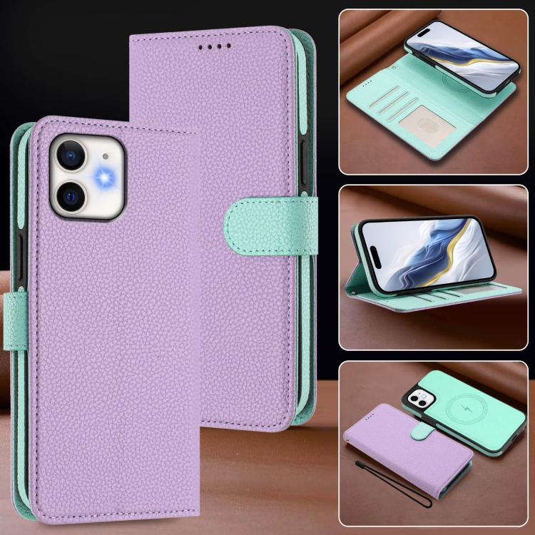 For iPhone 12 / 12 Pro Detachable Litchi Texture Magnetic Side-Patch Vegan Leather Phone Case