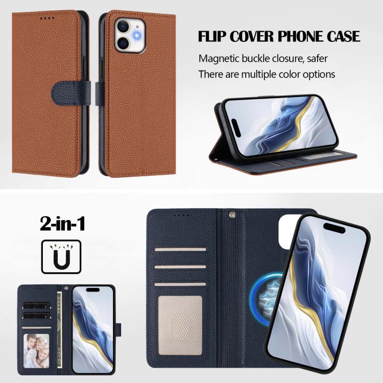 For iPhone 12 / 12 Pro Detachable Litchi Texture Magnetic Side-Patch Vegan Leather Phone Case