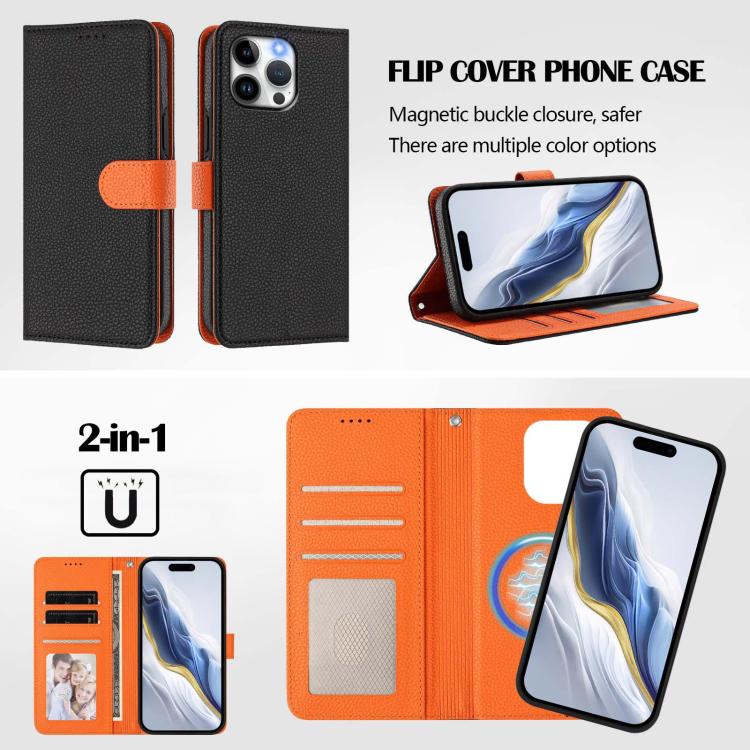 For iPhone 12 Pro Max Detachable Litchi Texture Magnetic Side-Patch Vegan Leather Phone Case