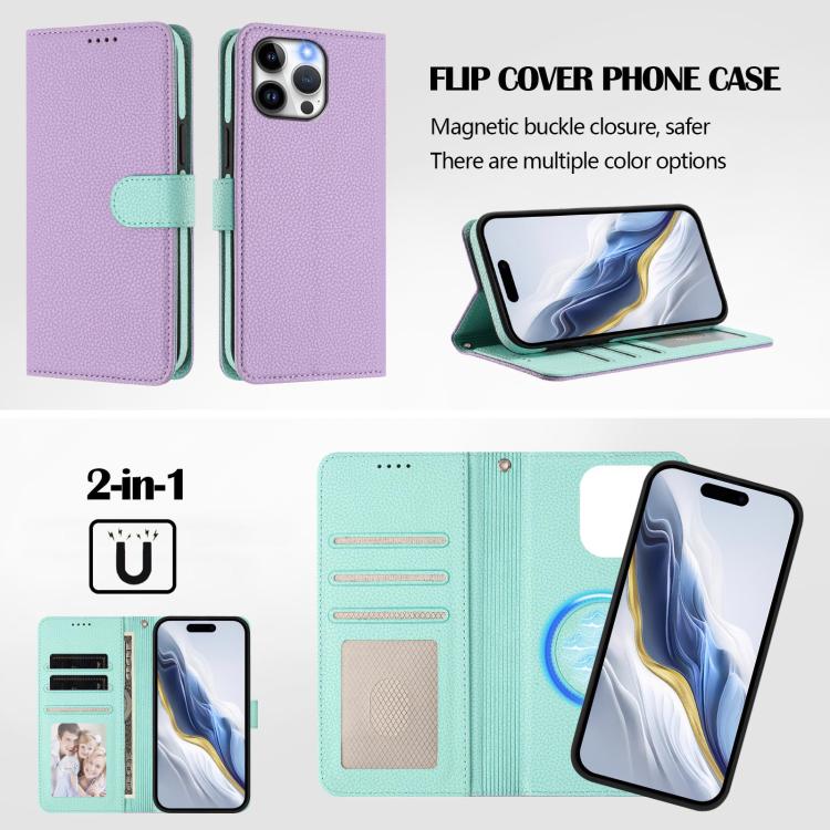 For iPhone 11 Pro Max Detachable Litchi Texture Magnetic Side-Patch Vegan Leather Phone Case