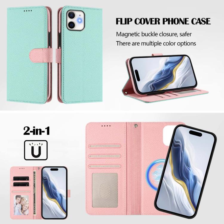 For iPhone 11 Detachable Litchi Texture Magnetic Side-Patch Vegan Leather Phone Case