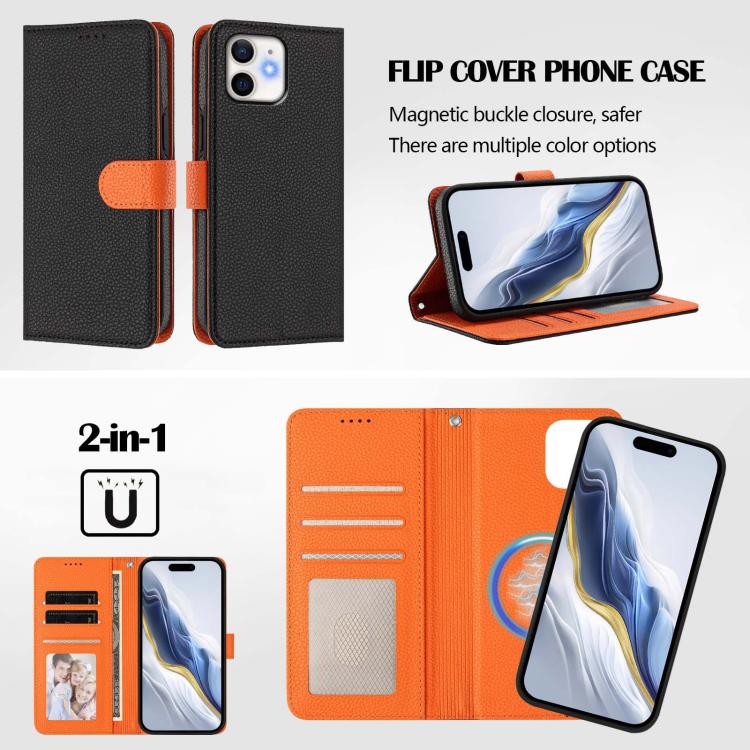 For iPhone 11 Detachable Litchi Texture Magnetic Side-Patch Vegan Leather Phone Case