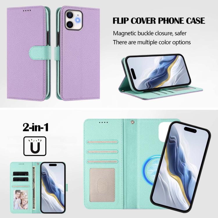 For iPhone 11 Detachable Litchi Texture Magnetic Side-Patch Vegan Leather Phone Case