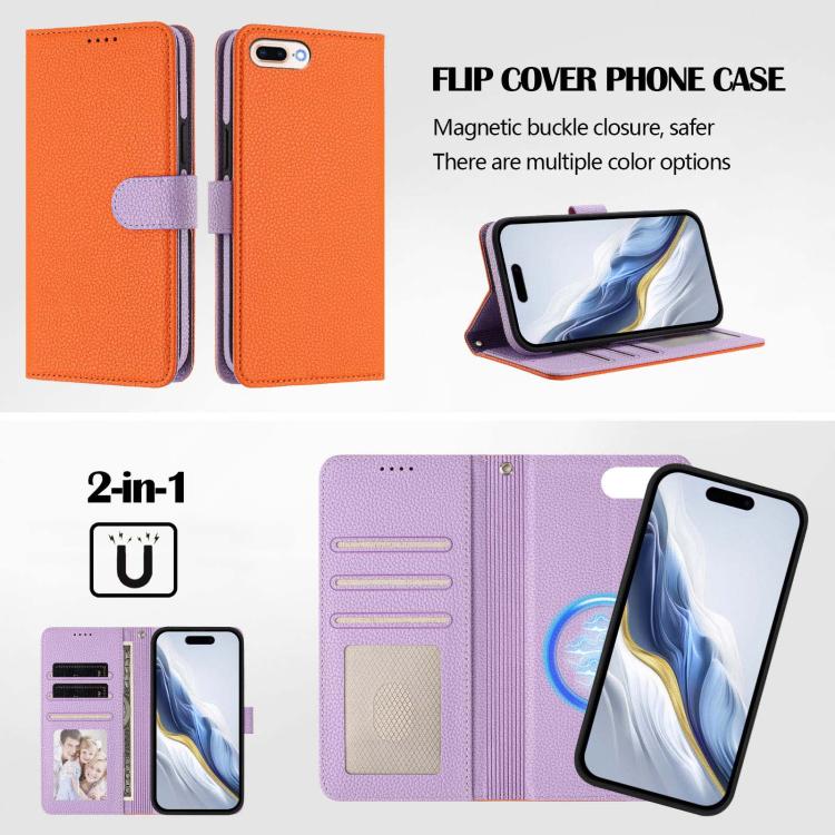 For iPhone 8 Plus / 7 Plus Detachable Litchi Texture Magnetic Side-Patch Vegan Leather Phone Case