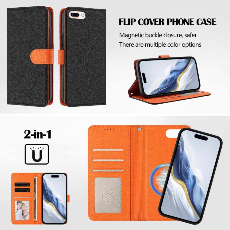 For iPhone 8 Plus / 7 Plus Detachable Litchi Texture Magnetic Side-Patch Vegan Leather Phone Case