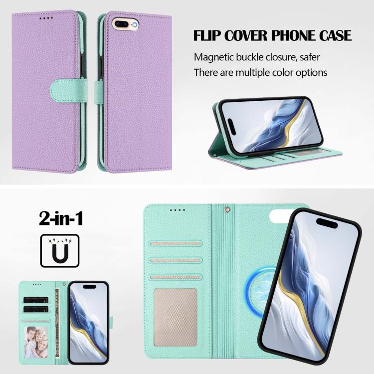 For iPhone 8 Plus / 7 Plus Detachable Litchi Texture Magnetic Side-Patch Vegan Leather Phone Case