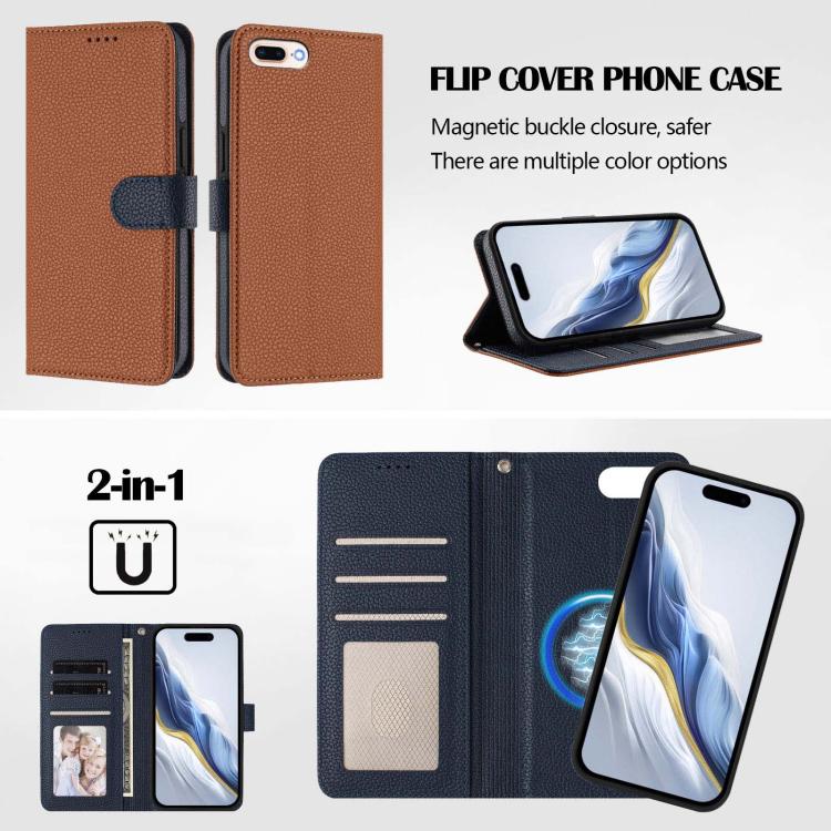 For iPhone 8 Plus / 7 Plus Detachable Litchi Texture Magnetic Side-Patch Vegan Leather Phone Case