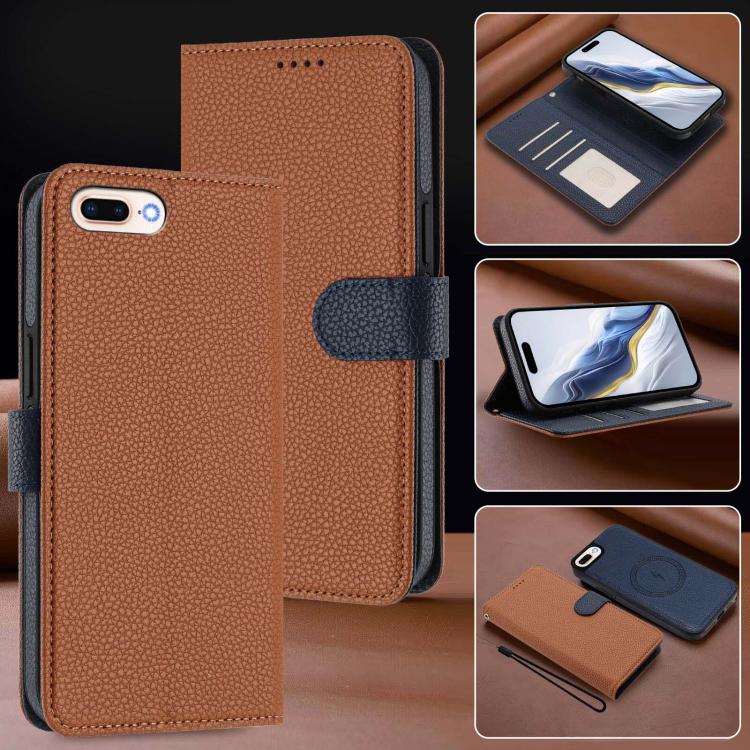 For iPhone 8 Plus / 7 Plus Detachable Litchi Texture Magnetic Side-Patch Vegan Leather Phone Case