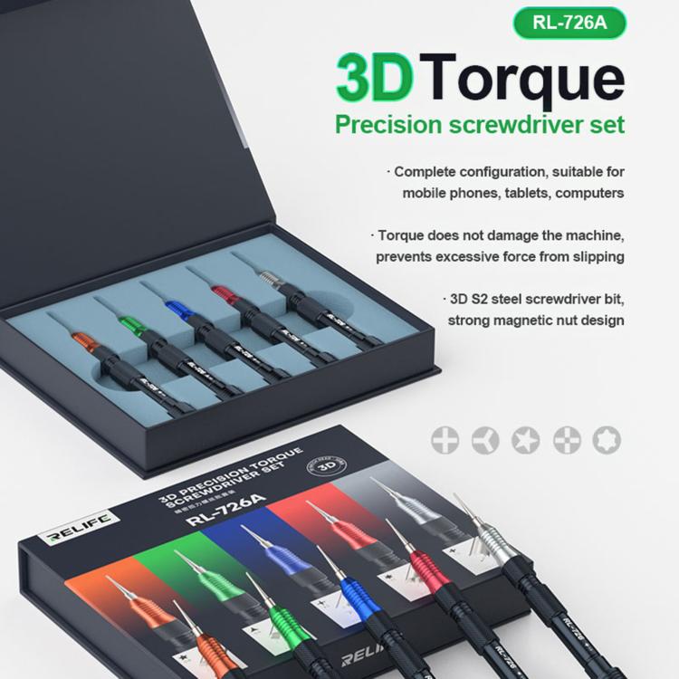 RELIFE RL-726A 5 in 1 Strong Magnetic 3D Torque Precision Screwdriver Set