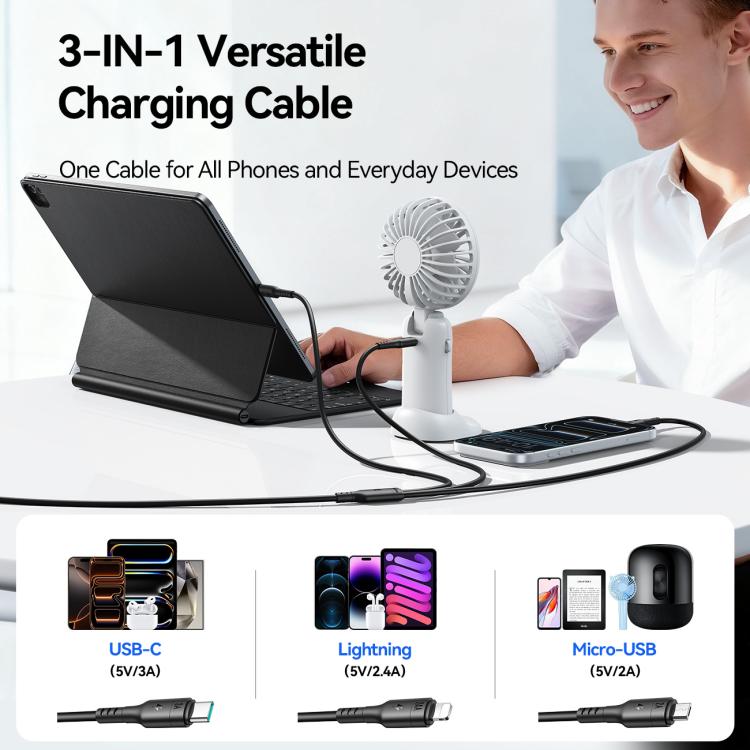 JOYROOM A61 OmniGo Series 3.5A USB-C / Type-C to 8 Pin + USB-C / Type-C, Micro USB 3 in 1 Charging Cable, Length:1.2m