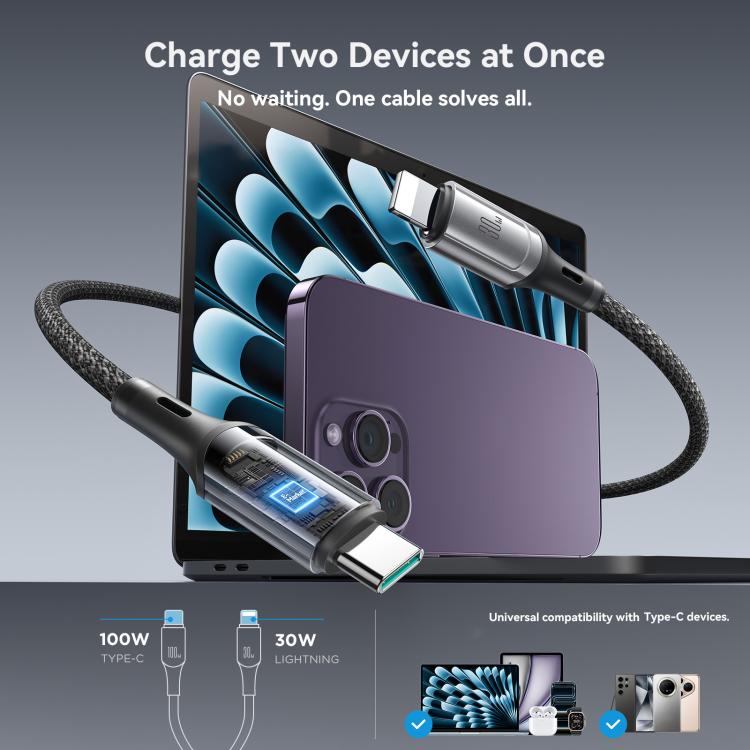 JOYROOM S-A57 RapidX Series 100W 2-in-1 USB-C / Type-C to USB-C / Type-C, 8 Pin Fast Charging Data Cable, Length:1.5m - Dark Gray
